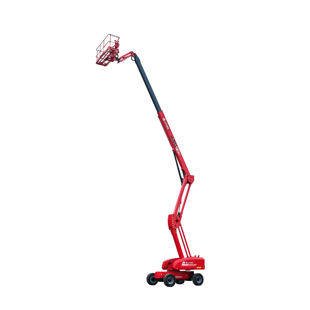 En rød leddelt bomlift med en forlænget sort arm og en arbejdsplatform i toppen, designet til at nå høje højder.