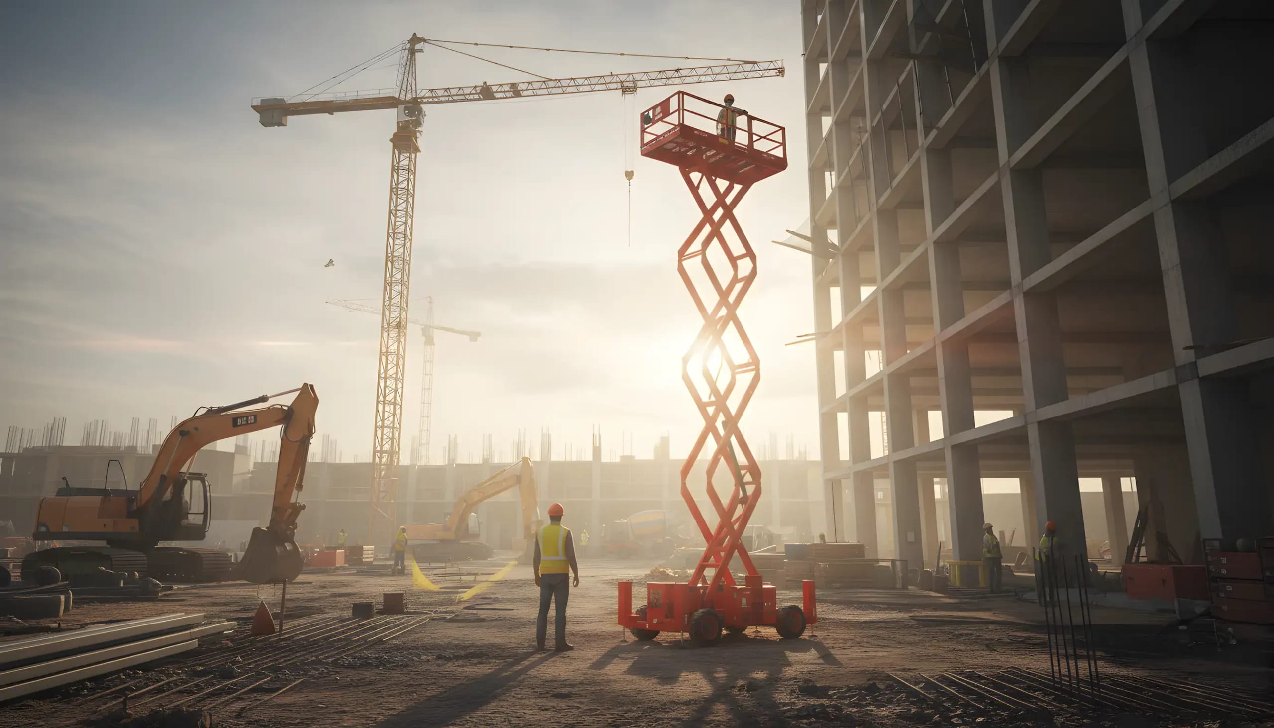 Byggeplads ved solopgang med arbejdere, en stor bygningsramme, kraner, gravemaskiner og en arbejder, der er hævet op på en rød sakselift i midten, mens en anden arbejder står i nærheden og observerer.