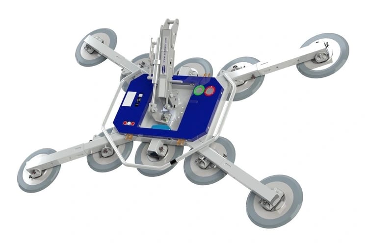 En robot med et blåt midterpanel, seks justerbare arme og sugekopper i enderne, der er designet til at håndtere eller løfte store, flade overflader som f.eks. glas.